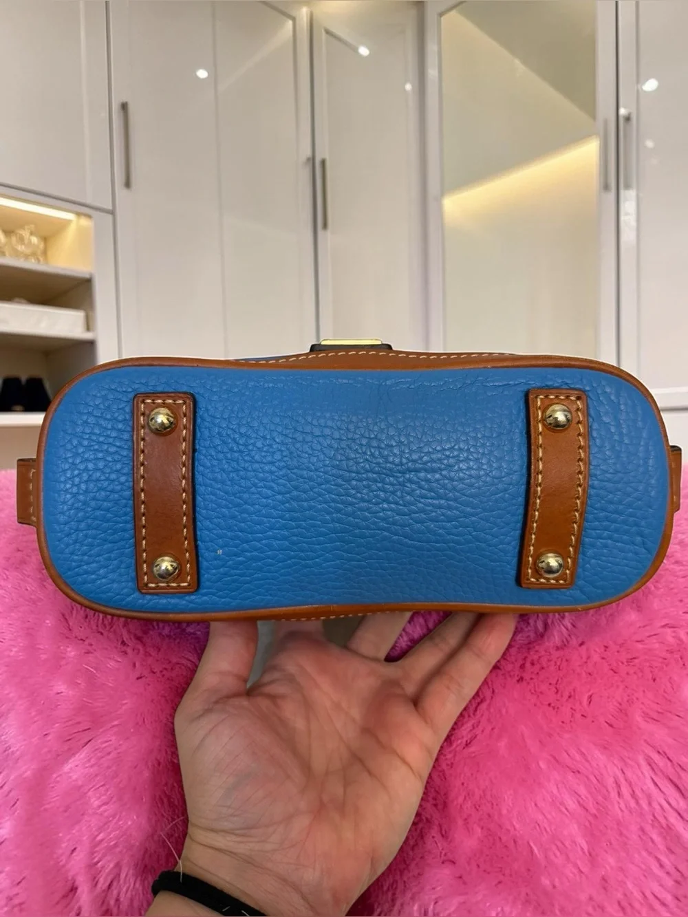 Dooney & Bourke Pebble Leather Satchel in Sky Blue/Tan